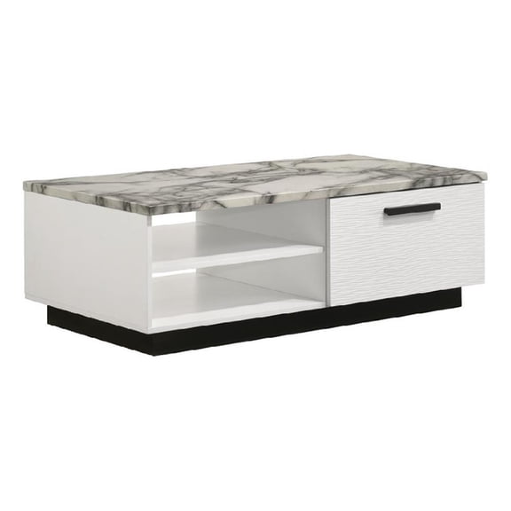 Sda Coffee Table- 47 Inch Faux Marble Top- Drawer and 2 Shelves- White