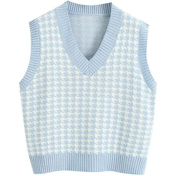 Sdencin Women Houndstooth Pattern Knit Sweater Vest Sleeveless Loose V-Neck 90S Waistcoat Pullover Knitwear Top