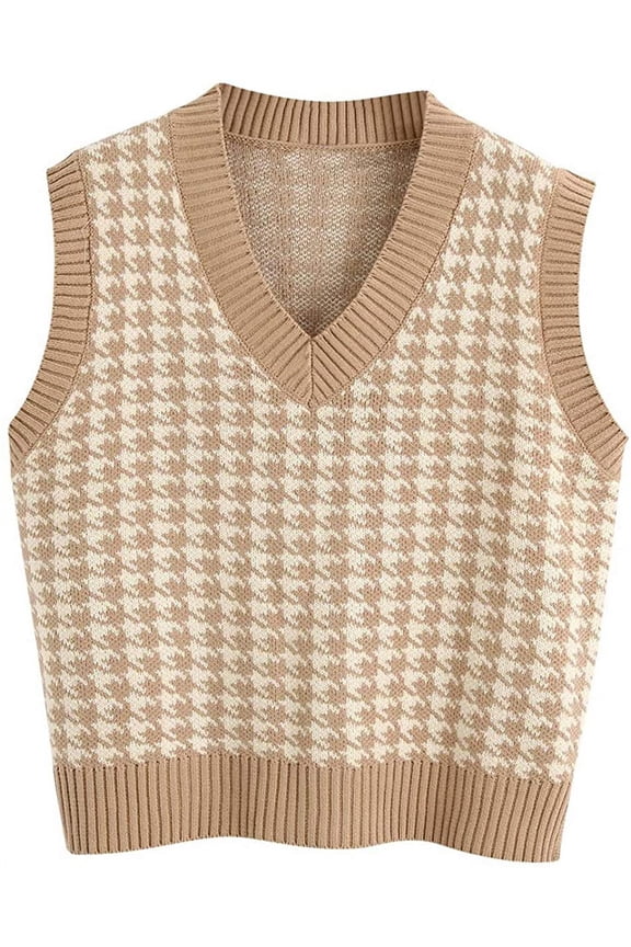 Sdencin Women Houndstooth Pattern Knit Sweater Vest Sleeveless Loose V-Neck 90s Waistcoat Pullover Knitwear Top