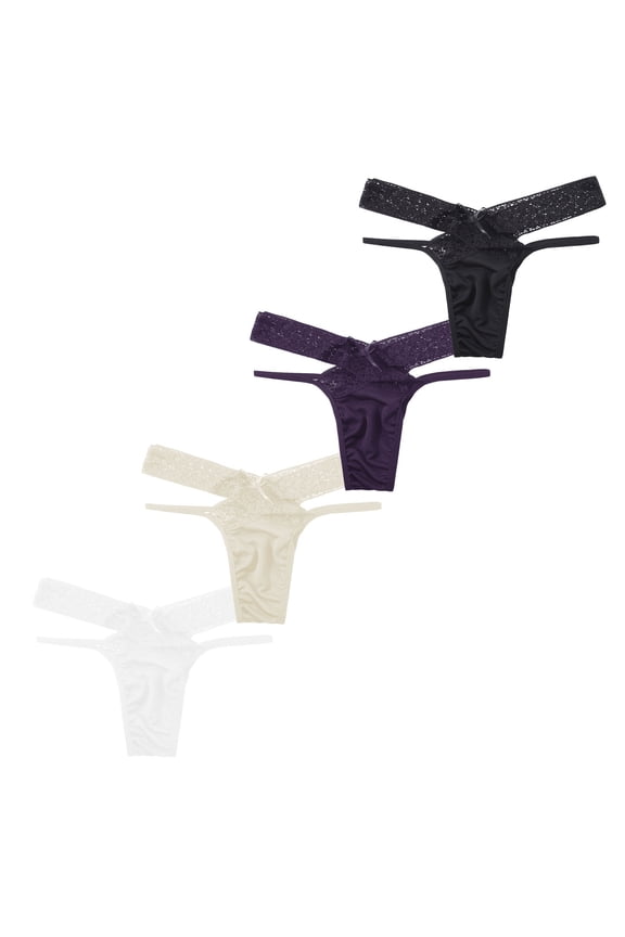 4PC Women's Thongs, T Back Low Waist See Through Panties Stretch Seamless Lace Thongs for Women