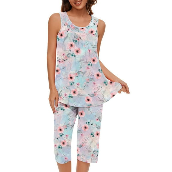 Sdeycui Pajamas Set for Women Soft Sleeveless Pjs Tank Top and Capri Pants with Pocket Floral Print Lounge Sets