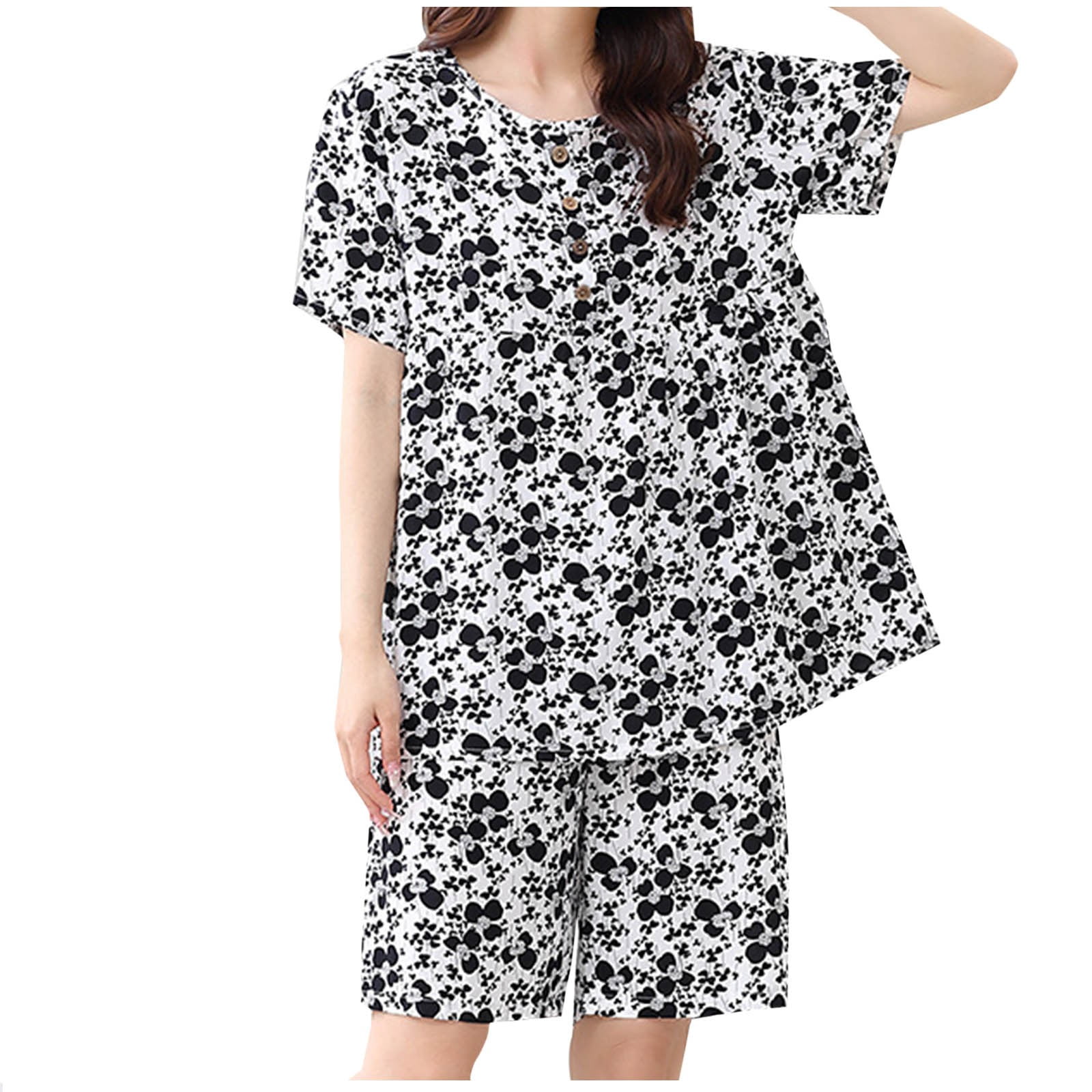 Anyally Women's Plus Size Pajama Set - Short Sleeve Button Top & Capri Pants, Floral Print, Black, Large