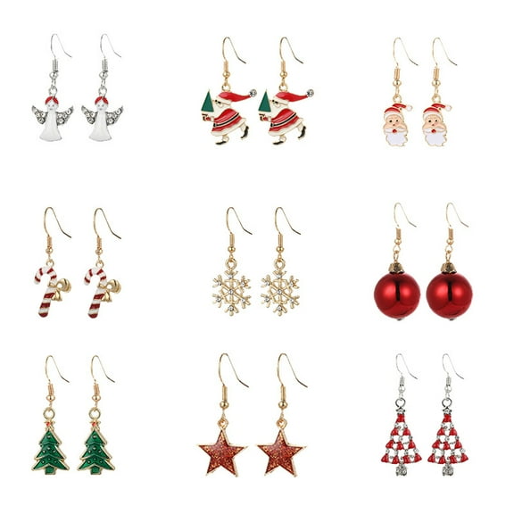 Sdmnsg-T 9 Pairs Christmas Earrings for Women Christmas Drop Dangle Earrings Set Christmas Tree Holiday Earrings Hook Earrings Party Jewelry Christmas Gifts
