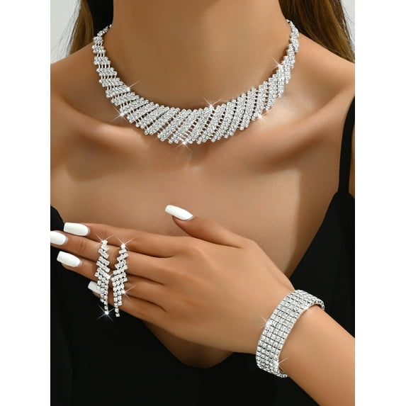 Sdmnsg-T Bridal Wedding Jewelry Sets Silver Choker Necklace Earrings Bracelet Ring Set Prom Formal Costume Jewelry Set for Women and Brides