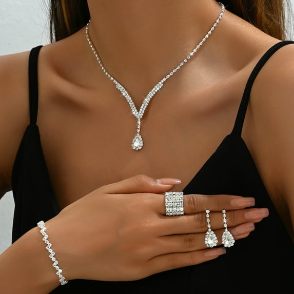 Sdmnsg-T Bride Necklace Earrings Set Silver Crystal Bridal Wedding Jewelry Sets Prom Costume Jewelry Set Party Choker Necklace for Women and Brides