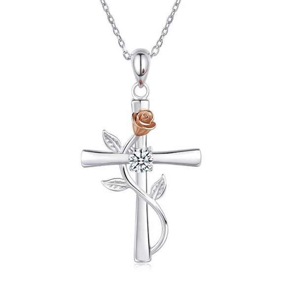 Sdmnsg-T Cross Necklace for Women Sterling Silver Cross Necklaces Pendant White/Rose/Gold Plated Cubic Zirconia Flower Necklace Gifts for Women