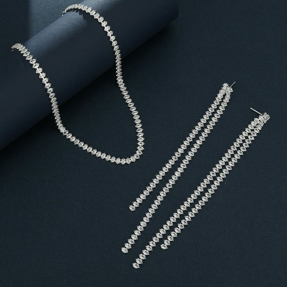 Sdmnsg-T Crystal Bridal Wedding Jewelry Set Silver Teardrop Necklace Earrings Bracelet Sets Rhinestone Prom Jewelry Accessories for Women and Brides