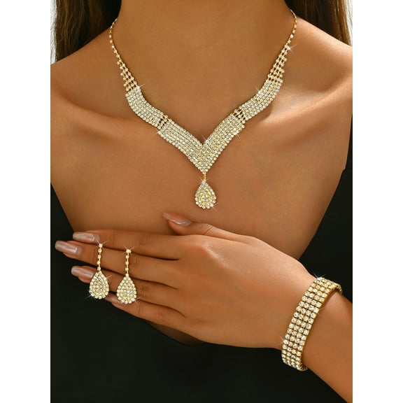 Sdmnsg-T Crystal Bridal Wedding Jewelry Set Silver Teardrop Necklace Earrings Bracelet Sets Rhinestone Prom Jewelry Accessories for Women and Brides