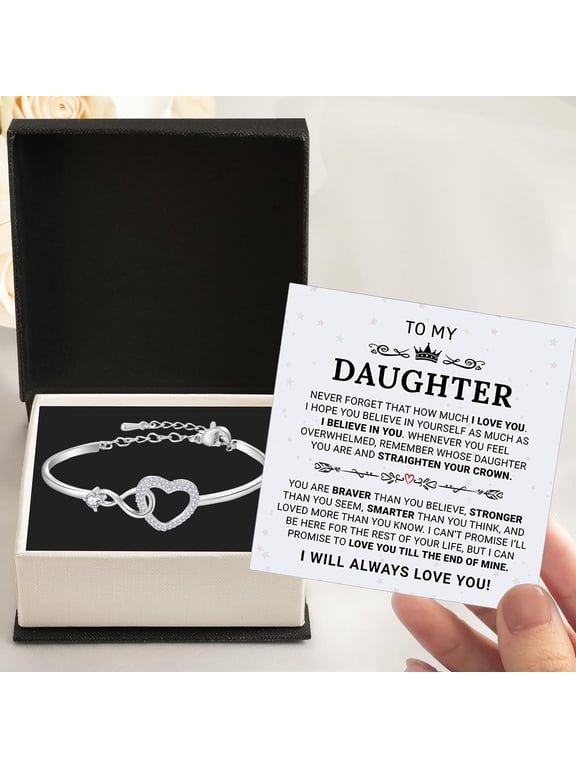 To My Daughter Forever Connected Bracelet, Infinity Forever Love Heart Bracelets, Mom's Strength And Love Are Alwayswith Her, Adjustable Inspirational Gift Jewelry for Daughter