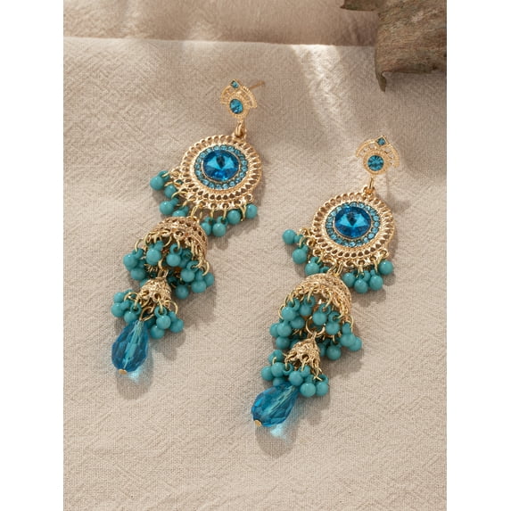 Sdmnsg-T Earring for Women Long Tassel Earring Traditional Bohemian Earring Dangle Drop Cubic Zirconia Oxidized Dangling Boho Beads Bell Vintage Ethnic Gypsy Indian Jewelry Gift