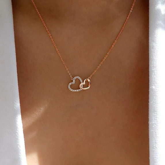Sdmnsg-T Interlocking Double Heart Pendant Necklace, Gold Plated Chain, Dainty Love Design