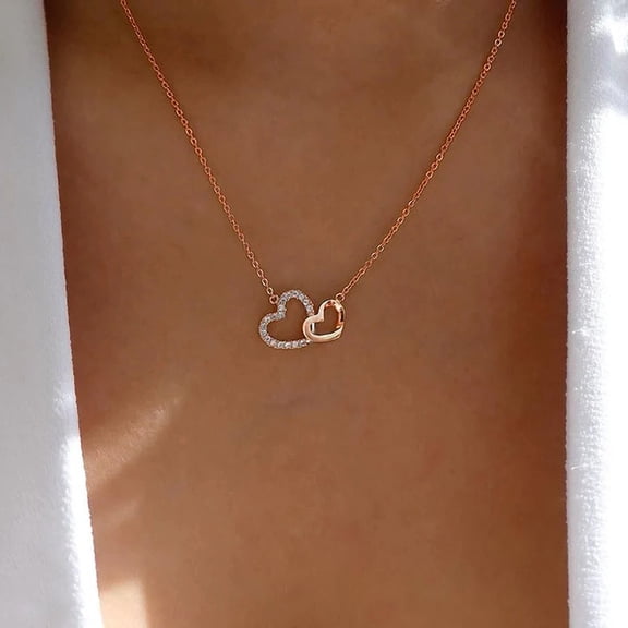 Sdmnsg-T Interlocking Double Heart Pendant Necklace, Gold Plated Chain, Dainty Love Design