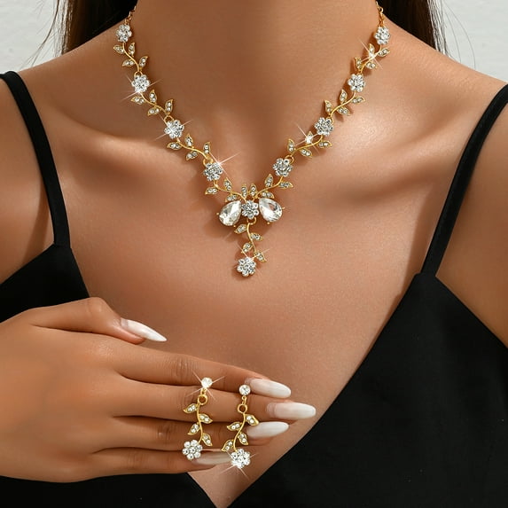Sdmnsg-T Jewelry Set for Women, Necklace Dangle Earrings Bracelet Set with White AAA Cubic Zirconia, Allergy Free Wedding Party Jewelry for Bridal Bridesmaid