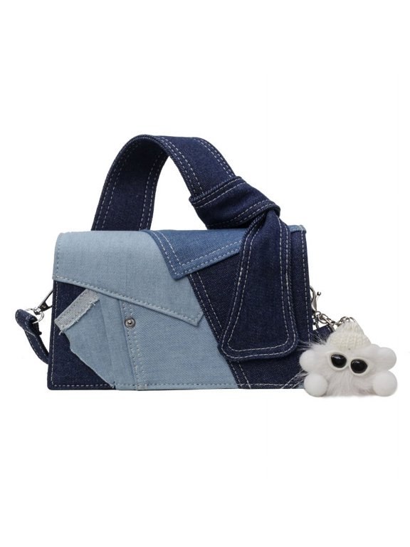 Mini Denim Handbag with Detachable Crossbody Strap, Fashion Patchwork Top Handle Shoulder Bag, Small Flap Purse with Cute Plush Keychain for Daily Casual Outfits