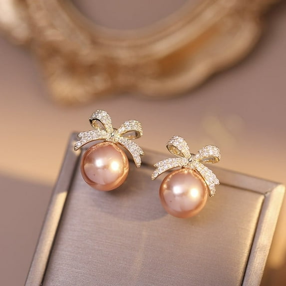 Sdmnsg-T Pearl Rhinestone Bow Earrings - Red Ball Christmas Jewelry for Women
