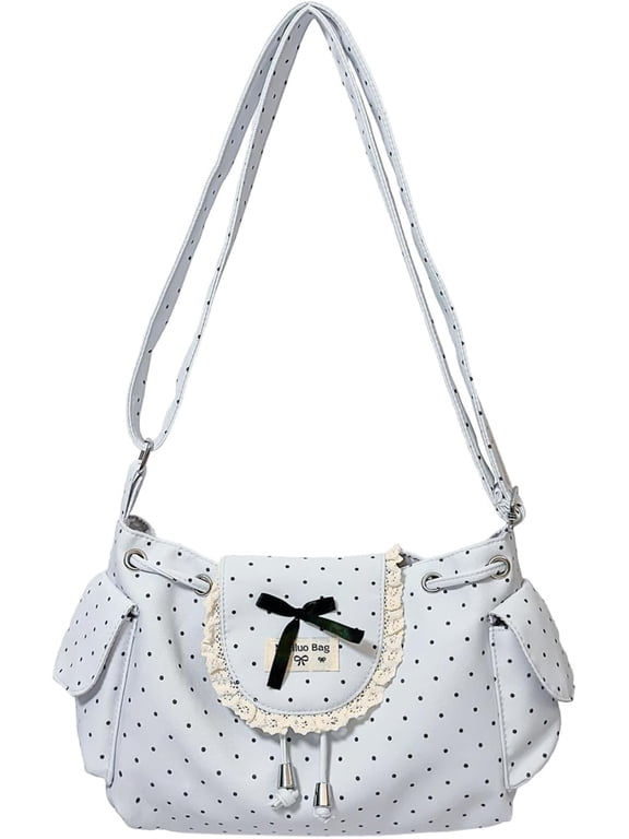 Polka Dot Nylon Crossbody Bag, Lace & Bow Decor Drawstring Shoulder Purse, Adjustable Strap Casual Hobo Handbag with Side Pockets for Daily Shopping, Travel and Casual Outings