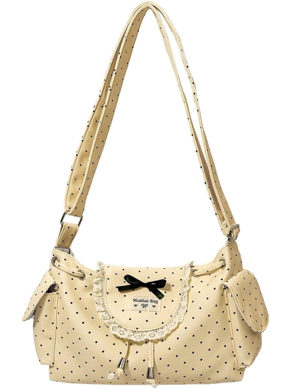 Polka Dot Nylon Crossbody Bag, Lace & Bow Decor Drawstring Shoulder Purse, Adjustable Strap Casual Hobo Handbag with Side Pockets for Daily Shopping, Travel and Casual Outings