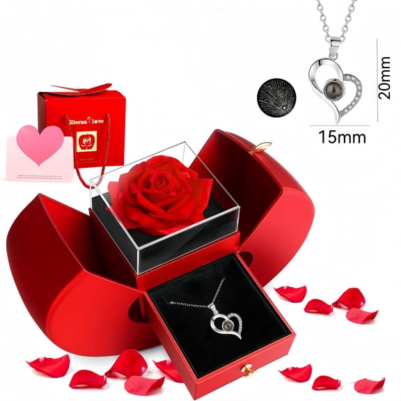 Sdmnsg-T Preserved Real Rose with Heart I Love You Necklaces for Women - Eternal Red Flowers Gifts for her Romantic Gift Set for Girlfriend Birthday Anniversary on Valentines Mothers Day Christmas