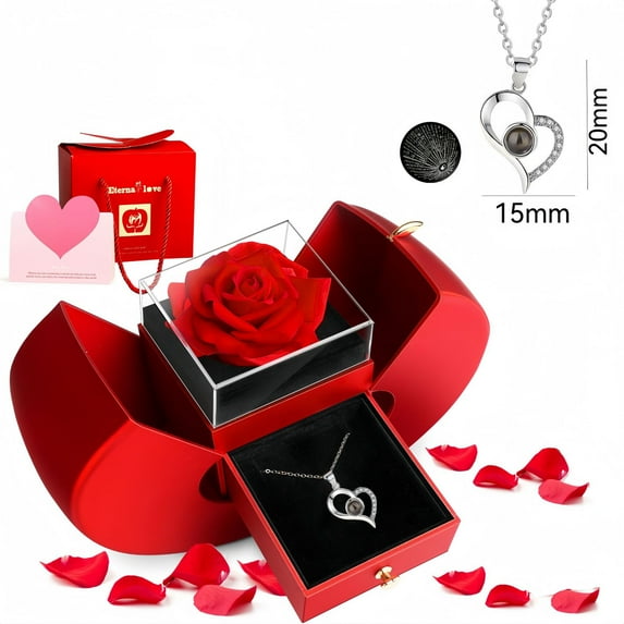 Sdmnsg-T Preserved Real Rose with Heart I Love You Necklaces for Women - Eternal Red Flowers Gifts for her Romantic Gift Set for Girlfriend Birthday Anniversary on Valentines Mothers Day Christmas