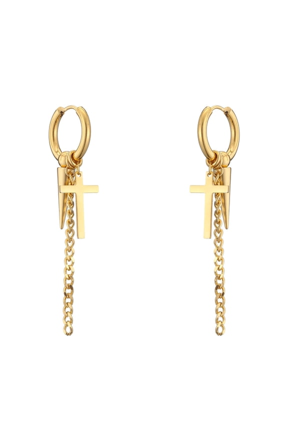 Punk Cross Spike Dangle Huggie Hoop Earrings for Men Women Hinged Kpop Hypoallergenic Stainless Steel Gold-Tone Plated Hanging Drop Faith Christian Cool Hip Hop Fashion Best Friends Gifts