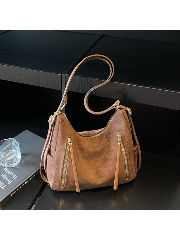 Retro Suede Hobo Shoulder Bag, Multi‑Wear Convertible Backpack Purse, PU Leather Casual Tote with Adjustable Straps, Large Capacity Zipper Handbag for Daily Travel Commute