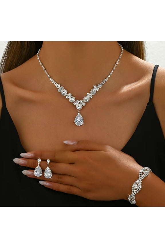 Rhinestone Bridal Wedding Jewelry Set Silver Necklace Earrings Sets Crystal Formal Prom Costume Jewelry Sets for Women and Brides