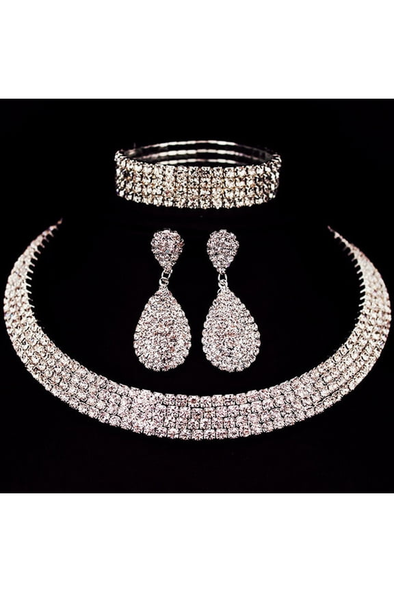 Silver Rhinestone Bridal Wedding Jewelry Set Crystal Necklace Earrings Bracelet Sets Formal Costume Jewelry for Women and Brides