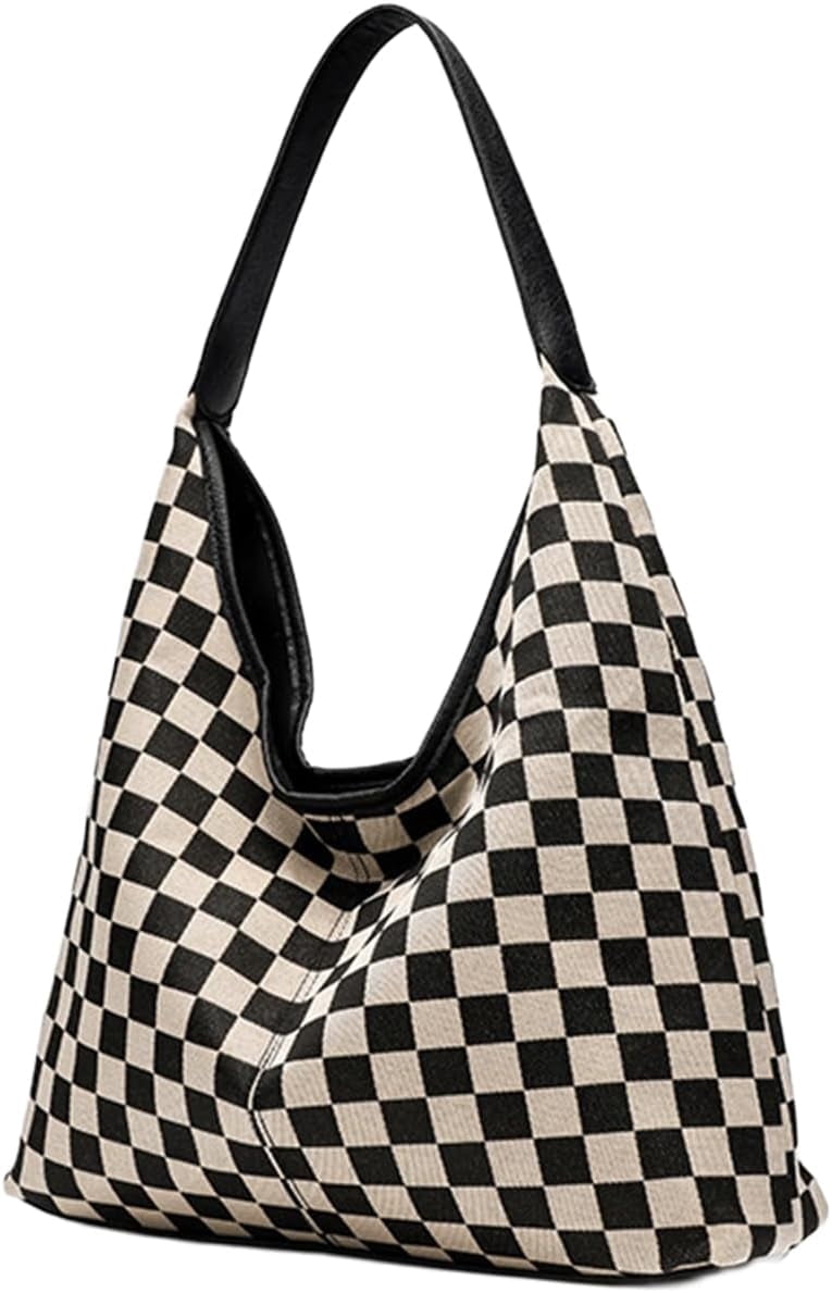Sdmnsg-T Slouchy Shoulder Bag Checkered Y2K Hobo Tote Bag for Women Vintage Checkerboard Large Capacity Crossbody Purse Casual Retro