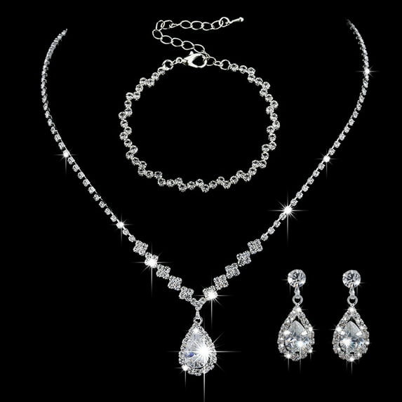 Sdmnsg-T Sparkled Jewelry Set for Women Silver Rhinestone Necklace Teardrop Dangle Earrings Bracelet for Bride Bridesmaid Crystal Bridal Prom Costume Jewelry Accessories for Wedding Party