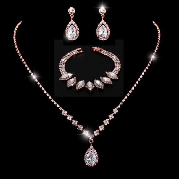 Sdmnsg-T Sparkled Jewelry Set for Women Silver Rhinestone Necklace Teardrop Dangle Earrings Bracelet for Bride Bridesmaid Crystal Bridal Prom Costume Jewelry Accessories for Wedding Party