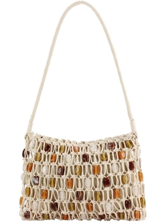 Trendy Beaded Woven Bag Women, Fashion Cute Boho Beach Vacation Shoulder Handbag Crossbody Sling Purse Summer