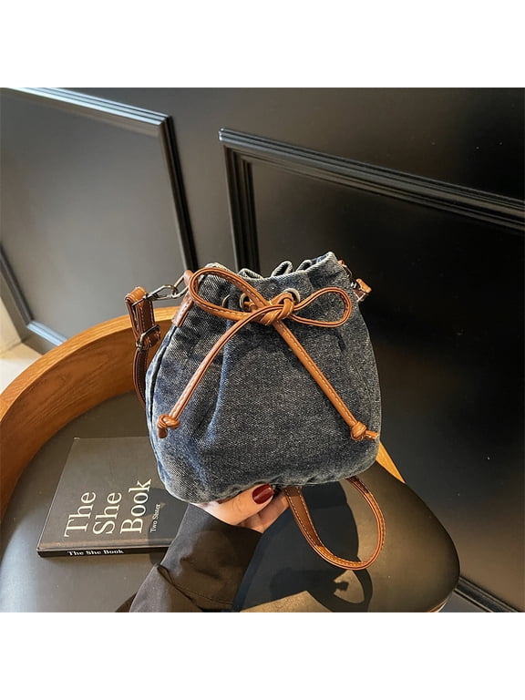 Vintage Denim Bucket Crossbody Bag, Drawstring Bow Small Shoulder Purse, Adjustable Strap Casual Sling Handbag for Daily Outing Travel