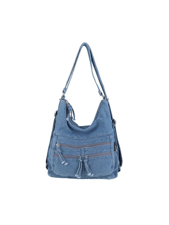 Vintage Denim Hobo Crossbody Bag, Multi-Pocket Convertible Backpack Purse with Tassel Zipper, Adjustable Strap Large Capacity Shoulder Bag for Daily Travel Casual Outings