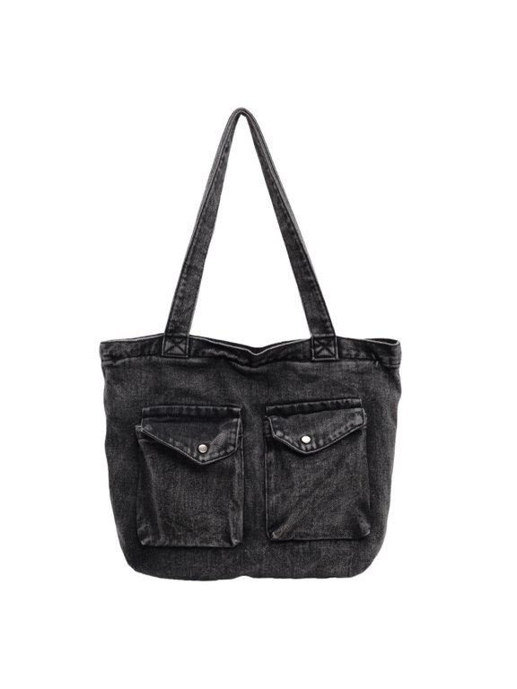 Vintage Washed Denim Tote Bag, Large Capacity Casual Shoulder Handbag, Dual Front Snap‑Button Pockets, Soft Denim Shopper Purse For Commuting, Travel, Shopping And Daily Casual Use