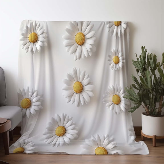 Sdoo Flannel Blanket|Vintage White&Yellow Daisy Floral Print|30s Thread Count|Soft Warm Lightweight All-Season|Beige&White|Decorative Bedspread for Sofa/Bed/Car/Camping/Travel/Office | Cozy Gift Idea