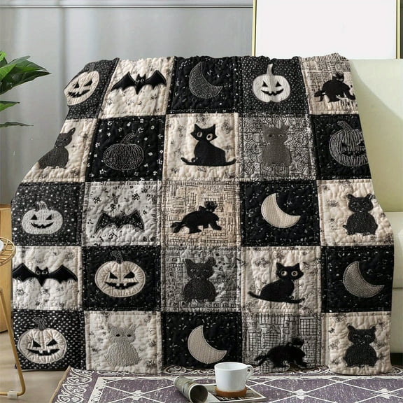 Sdoo Halloween Flannel Blanket - Spooky Bat, Pumpkin, Jack-o'-Lanterns, Cats - Soft Warm Throw for Couch, Bed, Camping, Travel, Office - All-Season Cozy Decor - Perfect Halloween Party Decoration
