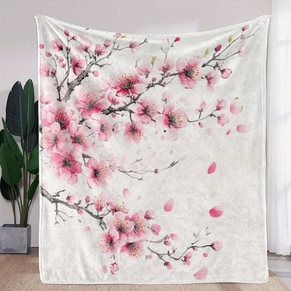 Sdoo Vintage Floral Cherry Blossom Blanket, Soft Flannel All-Season Lightweight Warm Throw, Japanese Pink Sakura Design, Cozy for Sofa Bed Car Camping Office, Elegant Home Decor Gift