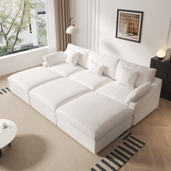 Sdorens 120" Cloud Sectional Couches with Deep Seat,Modular Cloud Sofa,L-Shape 3-Seat Couch with 3 Ottoman for Living Room,Modern Comfy Couch with Washable Cover,Beige