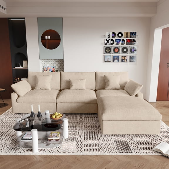 Sdorens 120" Modular Sectional Sofa,Comfy Cloud Couch with Movable Ottoman Deep Seat Chenille L Shaped Modular Sofa,Sectional Couches for Living Room,Bedroom and Apartment,Khaki