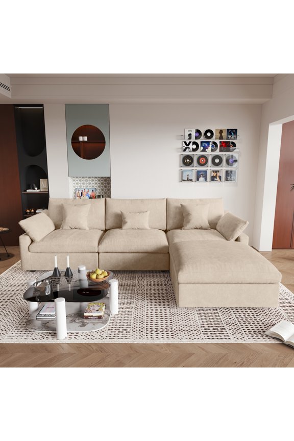 120" Modular Sectional Sofa,Comfy Cloud Couch with Movable Ottoman Deep Seat Chenille L Shaped Modular Sofa,Sectional Couches for Living Room,Bedroom and Apartment,Khaki