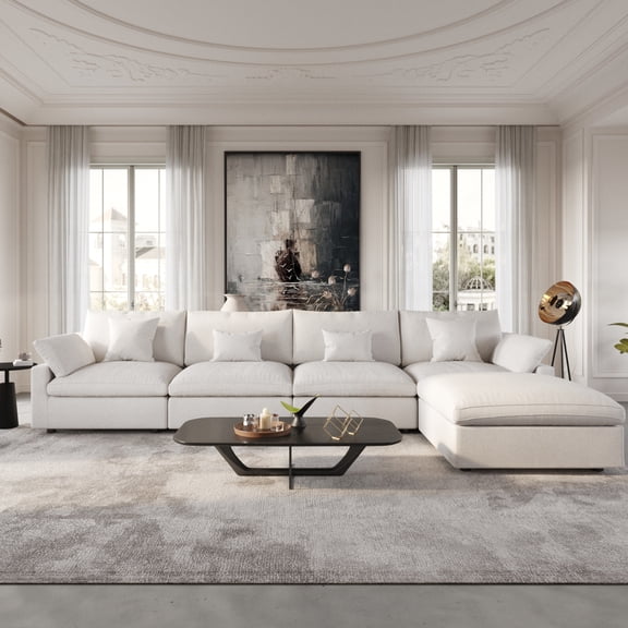 Sdorens 155" Cloud Couch Sectional Modular Sofa,Comfy Sectional Couch with Ottoman Deep Seat Chenille L Shaped Sofa,Modular Couches for Living Room,Bedroom and Apartment,Beige