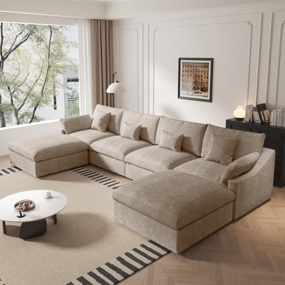 Sdorens 155" U Shaped Sectional Couch,Comfy Cloud Modular Sectional Sofa with 2 Ottoman Deep Seat Chenille Modern Cloud Sofa,Modular Sofas for Living Room,Bedroom and Apartment,Khaki