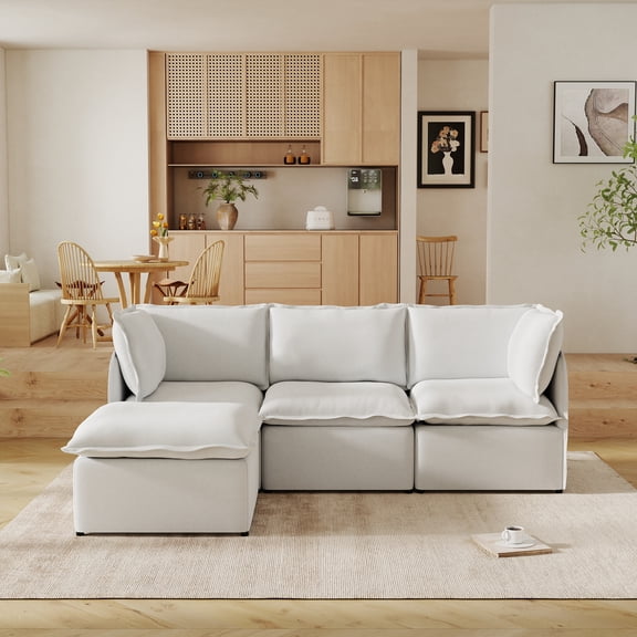 Sdorens 95.7" L-Shaped Modular Cloud Couch,Deep Seat,Linen Cloud Comfort,Couches for Living Room,Removable & Machine-Washable Covers,Movable Ottoman,Modular Sectional Sofa,Beige