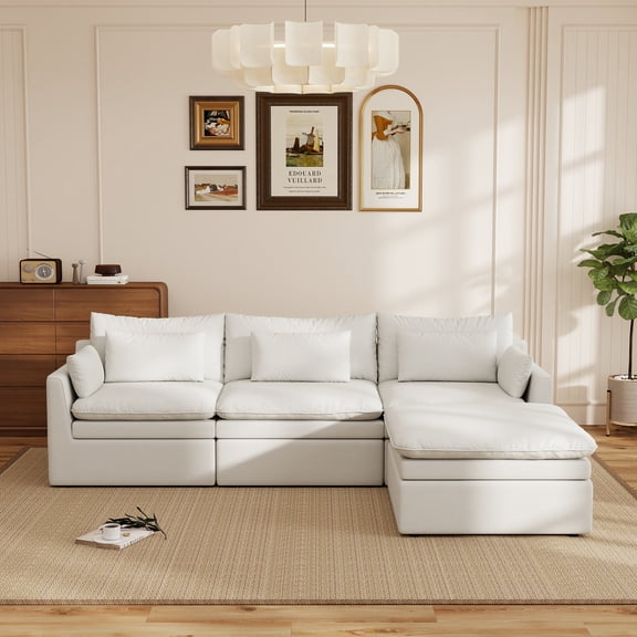 Sdorens Modular Cloud Sectional Couches for Living Room,Large Modular Sectional Sofa with Ottoman,L Shaped 4 Seater Couch with Pillow,White