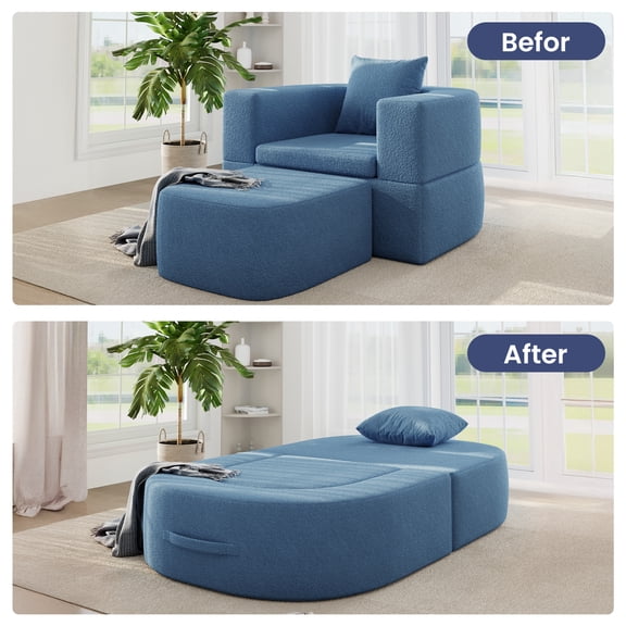 Sdorens Oversized Chaise Lounge Sofa,Upholstered Lounge Chair with Pillow,Tufted Boneless Sofa Couch with Ottoman,Deep Seat Sleeper Chair for Living Room,Bedroom,No Assembly,Blue