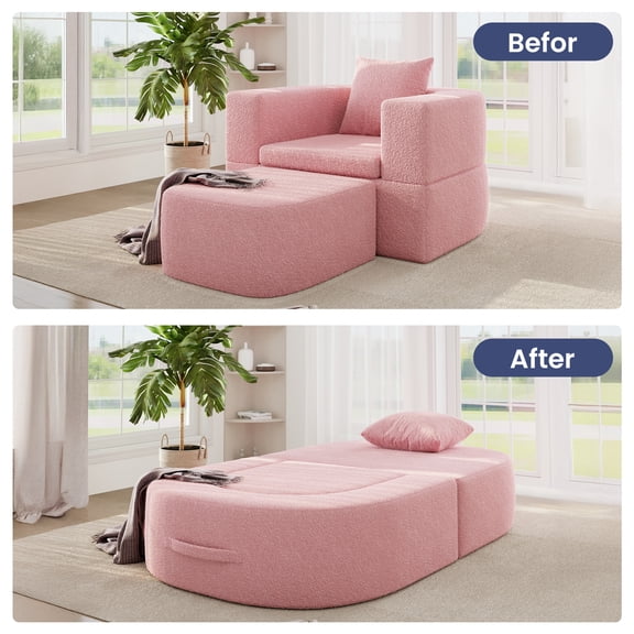 Sdorens Oversized Chaise Lounge Sofa,Upholstered Lounge Chair with Pillow,Tufted Boneless Sofa Couch with Ottoman,Deep Seat Sleeper Chair for Living Room,Bedroom,No Assembly,pink