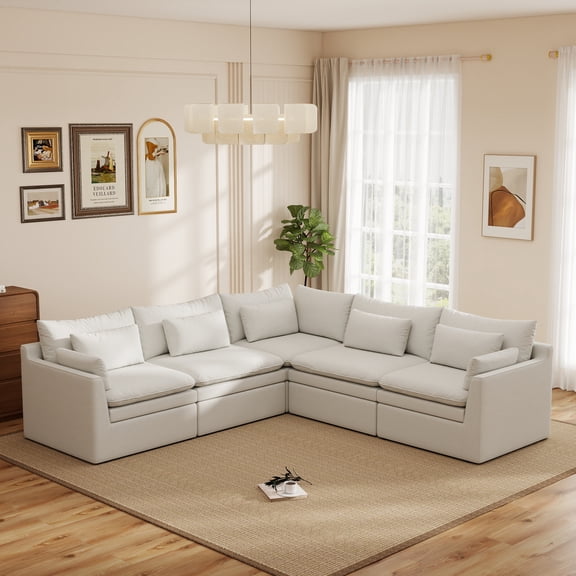 Sdorens Oversized Modular Sectional Cloud Couch,117" V-Shaped Modular Cloud Couch,5 Seater Comfy Couch for Living Room,Line Fabric Deep Seat Sofa,White