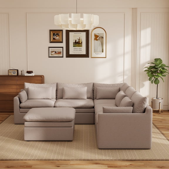 Sdorens Oversized Modular Sectional Sofa Couch,6 Seater Corner Sofa Modern V Shaped Sectional Couch with Ottoman Cloud Couches for Living Room,Office,Spacious Space,Removable Washable Covers,Khaki