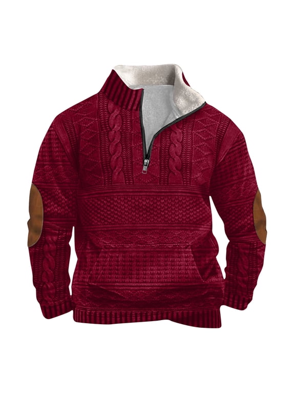 1/4 Zip Pullover Mens Mock Neck Aztec Cowboy Western Tops Casual Vintage Plus Size Fall Outfits Red,S