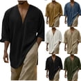 thumbnail image 1 of SeCaotees 3/4 Sleeve V‑Neck Loose Shirts for Men Button Placket Oversized Fit Lightweight Woven Fabric Vacation Beach Casual Pullover Tops Black,L, 1 of 7